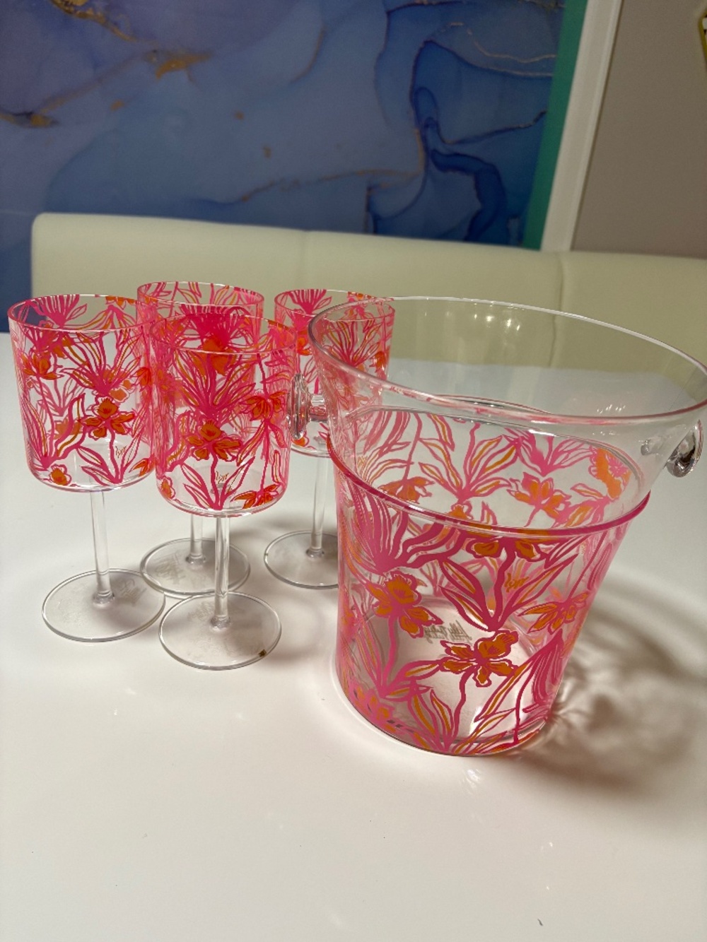 Lilly Pulitzer ice bucket and wine glasses